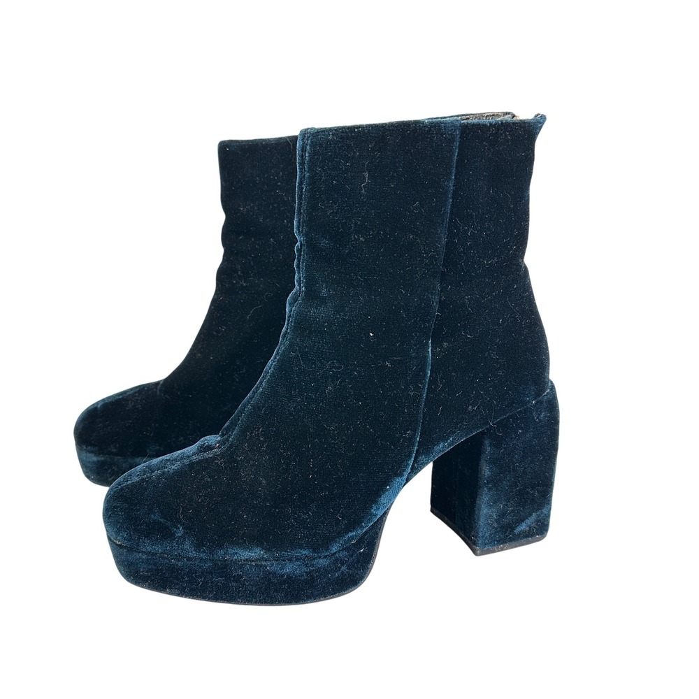 ZARA TRF Teal Velvet Platform Block Heel Ankle Boots Womens 36 Goth Festival